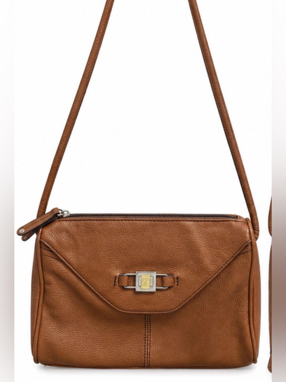 Tignanello Brown Pebbled Leather Crossbody Bag Turn Lock Organizer Purse
